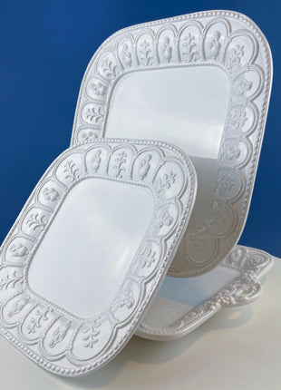 Vintage Italian White Serving Dishes. Set of 3. Square Platter, Tray and Cake Stand. 3 Dimensional Floral Herbal Motifs. Hosting Essentials.