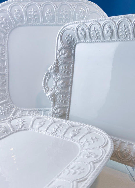Vintage Italian White Serving Dishes. Set of 3. Square Platter, Tray and Cake Stand. 3 Dimensional Floral Herbal Motifs. Hosting Essentials.