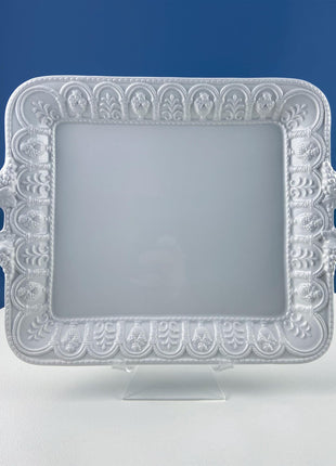 Vintage Italian White Serving Dishes. Set of 3. Square Platter, Tray and Cake Stand. 3 Dimensional Floral Herbal Motifs. Hosting Essentials.