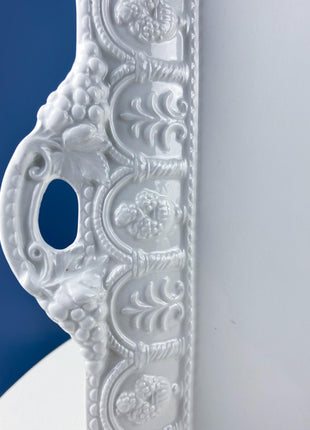 Vintage Italian White Serving Dishes. Set of 3. Square Platter, Tray and Cake Stand. 3 Dimensional Floral Herbal Motifs. Hosting Essentials.