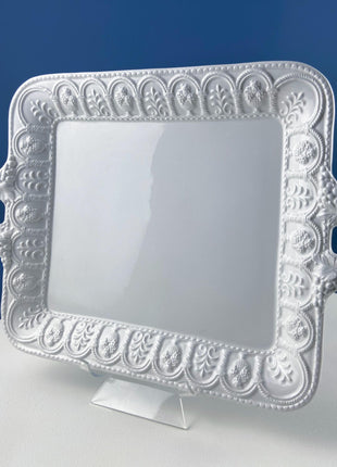 Vintage Italian White Serving Dishes. Set of 3. Square Platter, Tray and Cake Stand. 3 Dimensional Floral Herbal Motifs. Hosting Essentials.