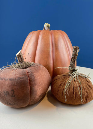 Rustic Distressed Fabric Pumpkins with Wooden Stems. Set of 2. Thanksgiving Halloween or Fall Home Retail Display. Modern Farmhouse.