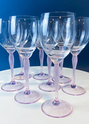 Set of 8 Wine Crystal Goblets Spring Mist Pink by Lenox. Clear with Frosted Pink Leaf Stems. Dining Room Table Decor. Garden Tea Party.