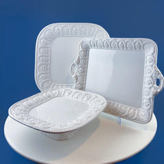 Vintage Italian White Serving Dishes. Set of 3. Square Platter, Tray and Cake Stand. 3 Dimensional Floral Herbal Motifs. Hosting Essentials.