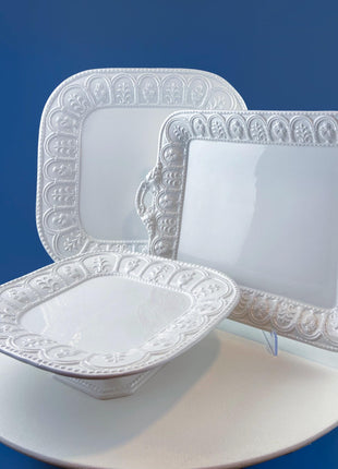 Vintage Italian White Serving Dishes. Set of 3. Square Platter, Tray and Cake Stand. 3 Dimensional Floral Herbal Motifs. Hosting Essentials.