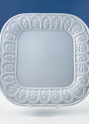 Vintage Italian White Serving Dishes. Set of 3. Square Platter, Tray and Cake Stand. 3 Dimensional Floral Herbal Motifs. Hosting Essentials.