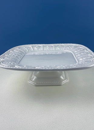 Vintage Italian White Serving Dishes. Set of 3. Square Platter, Tray and Cake Stand. 3 Dimensional Floral Herbal Motifs. Hosting Essentials.