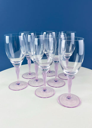 Set of 8 Iced Tea Water Crystal Goblets Spring Mist Pink by Lenox. Clear with Frosted Pink Leaf Stems. Dining Room Table Decor. Pink Lover.