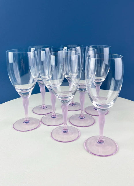 Set of 8 Iced Tea Water Crystal Goblets Spring Mist Pink by Lenox. Clear with Frosted Pink Leaf Stems. Dining Room Table Decor. Pink Lover.