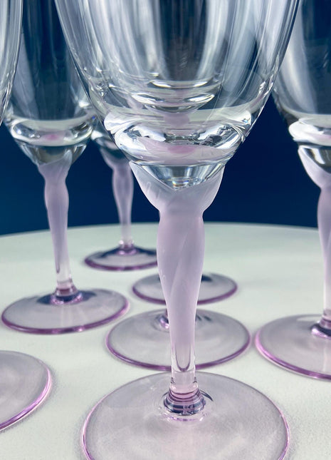 Set of 8 Iced Tea Water Crystal Goblets Spring Mist Pink by Lenox. Clear with Frosted Pink Leaf Stems. Dining Room Table Decor. Pink Lover.