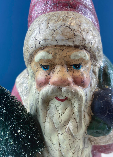 Rustic Belsnickel Santa in Red Coat Holding Christmas Tree. Collectible Paper Mache Figurine. Home Retail Seasonal Display.