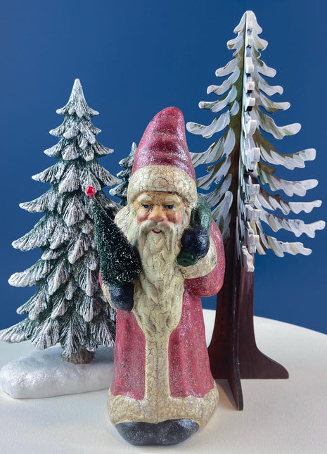 Rustic Belsnickel Santa in Red Coat Holding Christmas Tree. Collectible Paper Mache Figurine. Home Retail Seasonal Display.