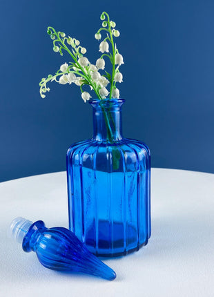 Aqua Blue Hand-Blown Fluted Glass Bottle or Vase with Pointed Stopper. Modern Glass Collection. Home Retail Decor.