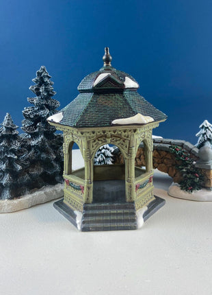 Christmas Village Stone Bridge by Dept. 56. Porcelain Bridge with Pine Trees. Holiday Seasonal Home or Retail Decor.