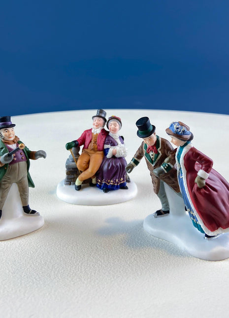 Christmas Village Accessories Figurines by Dept. 56. Victorian Skaters, Seated Couple. Set of 3. Seasonal Home or Retail Display.