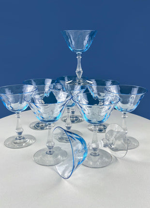 Vintage Fostoria Crystal Sweet Wine Glasses. Moonlight Blue Wavecrest. Set of 10. Dining Room Table Decor. Collectible Glassware.