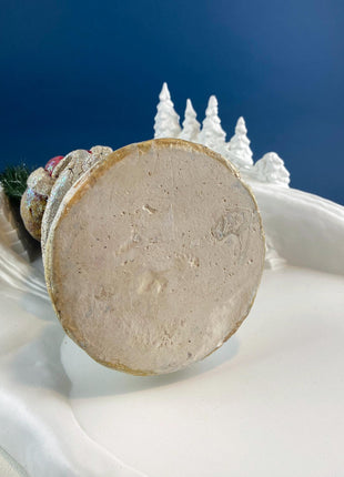 Belsnickel Santa in Beige Iridescent Coat and Red Gloves. Collectible Paper Mache Figurine. Victorian Holiday.