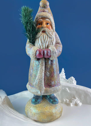 Belsnickel Santa in Beige Iridescent Coat and Red Gloves. Collectible Paper Mache Figurine. Victorian Holiday.