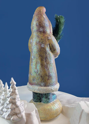 Belsnickel Santa in Beige Iridescent Coat and Red Gloves. Collectible Paper Mache Figurine. Victorian Holiday.