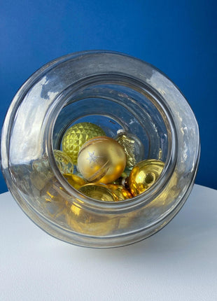 Iridescent Clear & Gold Glass Decorative Jar Canister or Vase. Stainless Steel Lid. Swirl Shape. Modern Display. Holiday Decor Storage.