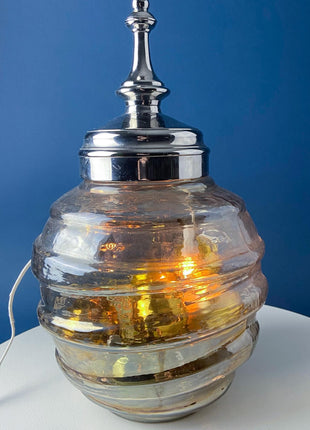 Iridescent Clear & Gold Glass Decorative Jar Canister or Vase. Stainless Steel Lid. Swirl Shape. Modern Display. Holiday Decor Storage.