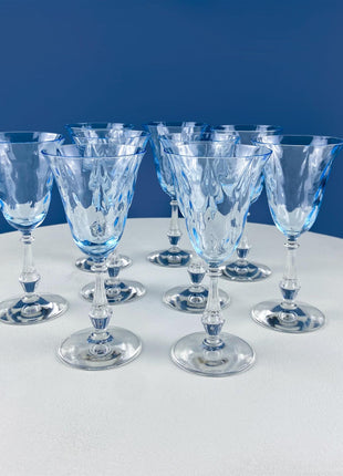 Vintage Fostoria Crystal Sweet Wine Glasses. Moonlight Blue Wavecrest. Set of 10. Dining Room Table Decor. Collectible Glassware.