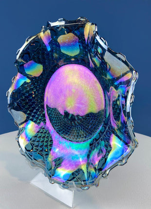 Blue Carnival Federal Glass Bowl Plate. 10” Iridescent Serving Platter. Windsor Button Pattern and English Hobnail. Collectible Art Glass.