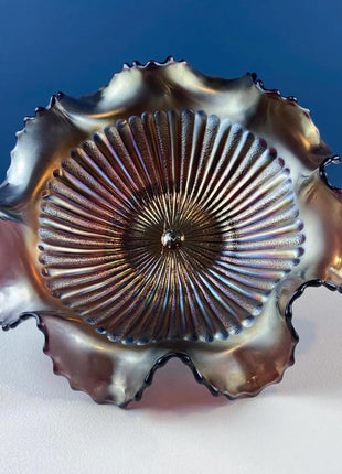 Blue Carnival Federal Glass Bowl Plate. 10” Iridescent Serving Platter. Windsor Button Pattern and English Hobnail. Collectible Art Glass.