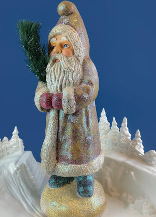 Large 18" Belsnickel Santa Green Sparkling Coat Carrying White Tree. Seasonal Christmas Home Retail Decor. Rustic Traditional Collectible.