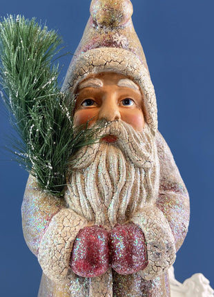Belsnickel Santa in Beige Iridescent Coat and Red Gloves. Collectible Paper Mache Figurine. Victorian Holiday.