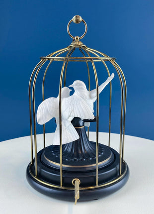 Vintage Music Box. Two Doves in Bird Cage. Metal Cage with Porcelain Birds. Home Library, Office, Sun Room Display.