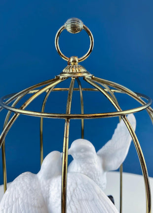 Vintage Music Box. Two Doves in Bird Cage. Metal Cage with Porcelain Birds. Home Library, Office, Sun Room Display.