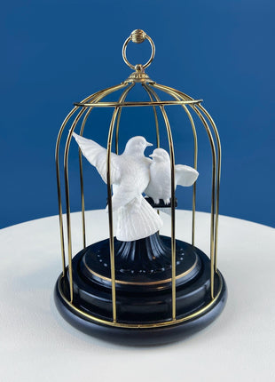 Vintage Music Box. Two Doves in Bird Cage. Metal Cage with Porcelain Birds. Home Library, Office, Sun Room Display.