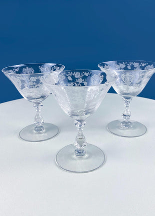 Vintage Cambridge Rose Point Etched Crystal Champagne or Low Sherbet Glasses, Set of 4