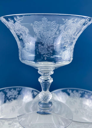 Vintage Cambridge Rose Point Etched Crystal Champagne or Low Sherbet Glasses, Set of 4