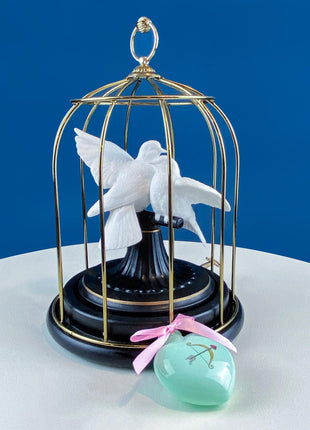 Vintage Music Box. Two Doves in Bird Cage. Metal Cage with Porcelain Birds. Home Library, Office, Sun Room Display.