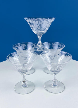 Vintage Cambridge Rose Point Etched Crystal Champagne or Low Sherbet Glasses, Set of 4, Collection #2