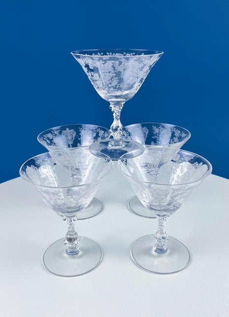 Vintage Cambridge Rose Point Etched Crystal Champagne or Low Sherbet Glasses, Set of 4, Collection #2