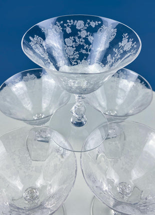 Vintage Cambridge Rose Point Etched Crystal Champagne or Low Sherbet Glasses, Set of 4