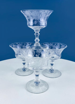 Vintage Cambridge Rose Point Etched Crystal Champagne or Low Sherbet Glasses, Set of 4