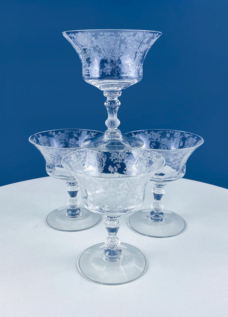 Vintage Cambridge Rose Point Etched Crystal Champagne or Low Sherbet Glasses, Set of 4