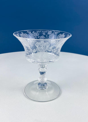 Vintage Cambridge Rose Point Etched Crystal Champagne or Low Sherbet Glasses, Set of 4