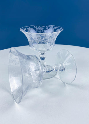 Vintage Cambridge Rose Point Etched Crystal Champagne or Low Sherbet Glasses, Set of 4