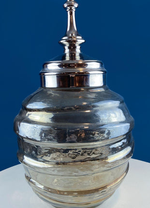 Iridescent Clear & Gold Glass Decorative Jar Canister or Vase. Stainless Steel Lid. Swirl Shape. Modern Display. Holiday Decor Storage.