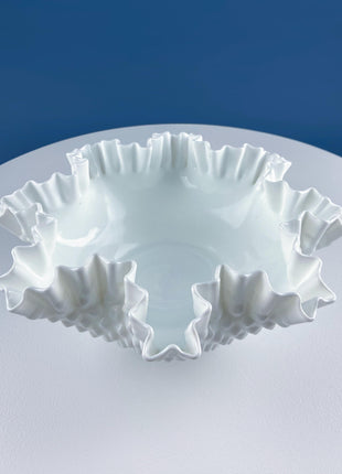 Vintage Fenton Hobnail Serving Bowl Fruit Stand. Fluted Outer Wall. Mid-C Modern Collectible Milk Glass. Dining Room Kitchen Table Decor.