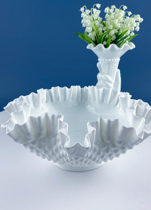 Vintage Fenton Hobnail Serving Bowl Fruit Stand. Fluted Outer Wall. Mid-C Modern Collectible Milk Glass. Dining Room Kitchen Table Decor.