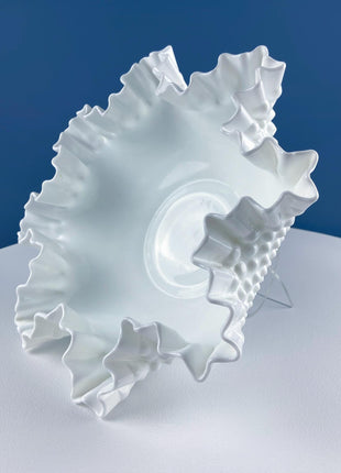 Vintage Fenton Hobnail Serving Bowl Fruit Stand. Fluted Outer Wall. Mid-C Modern Collectible Milk Glass. Dining Room Kitchen Table Decor.