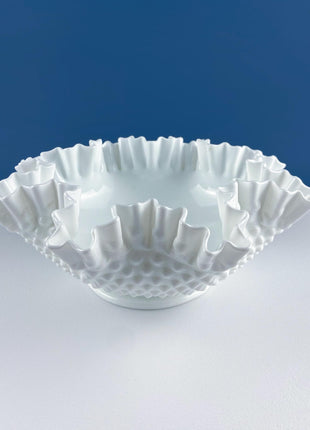 Vintage Fenton Hobnail Serving Bowl Fruit Stand. Fluted Outer Wall. Mid-C Modern Collectible Milk Glass. Dining Room Kitchen Table Decor.