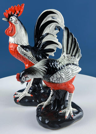 Vintage Chalkware Rooster & Hen. Black White Hand Painted Pair of Bird Figurines. Collectible Statuettes. Modern Country.