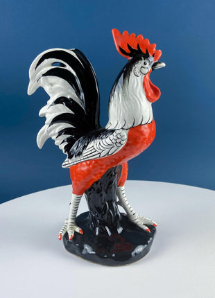 Vintage Chalkware Rooster & Hen. Black White Hand Painted Pair of Bird Figurines. Collectible Statuettes. Modern Country.